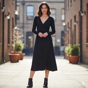 NWT Halara Sz M Black Classic Midi Wrap Dress